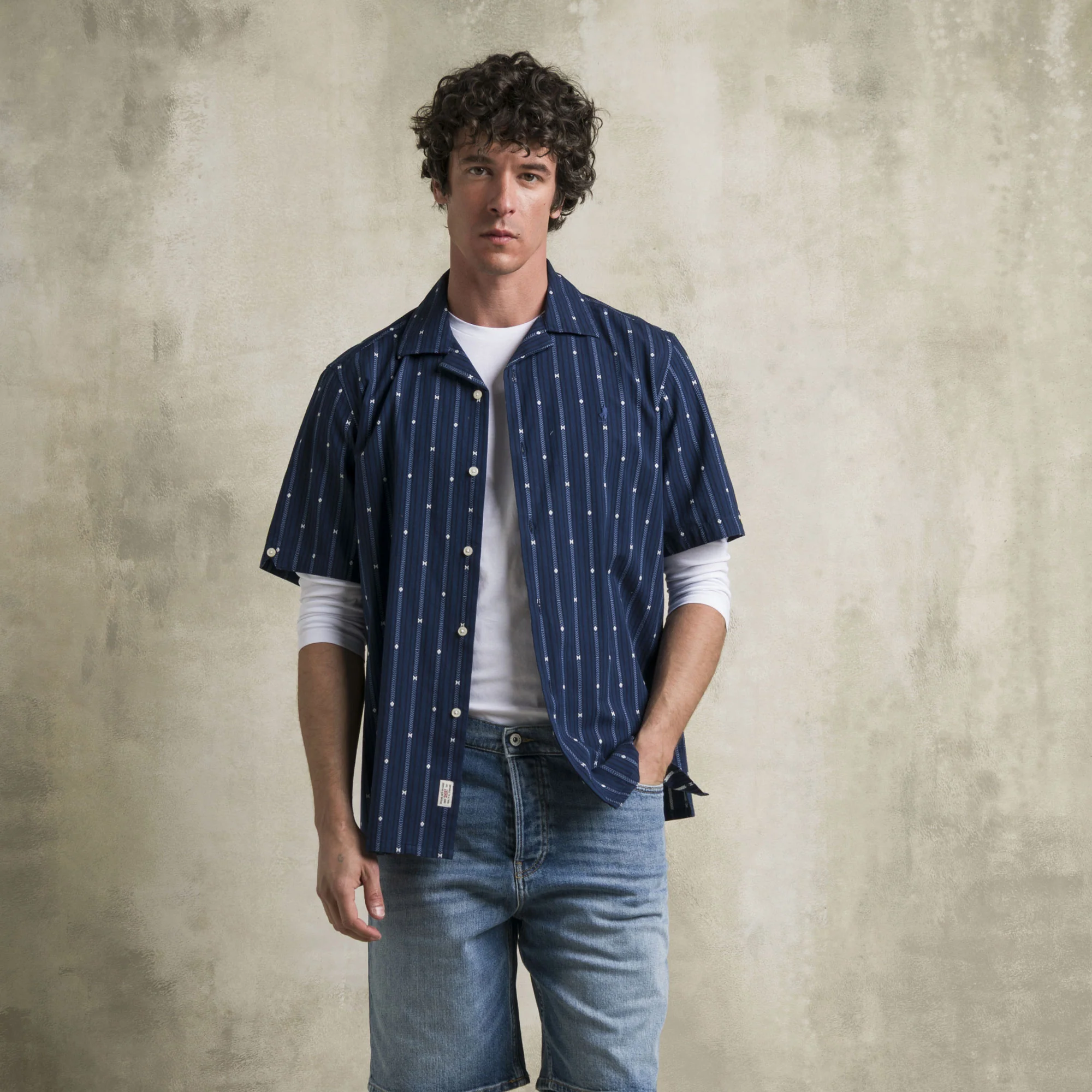 Camicia bowling in cotone jacquard manica corta - Navy Print - Image 5