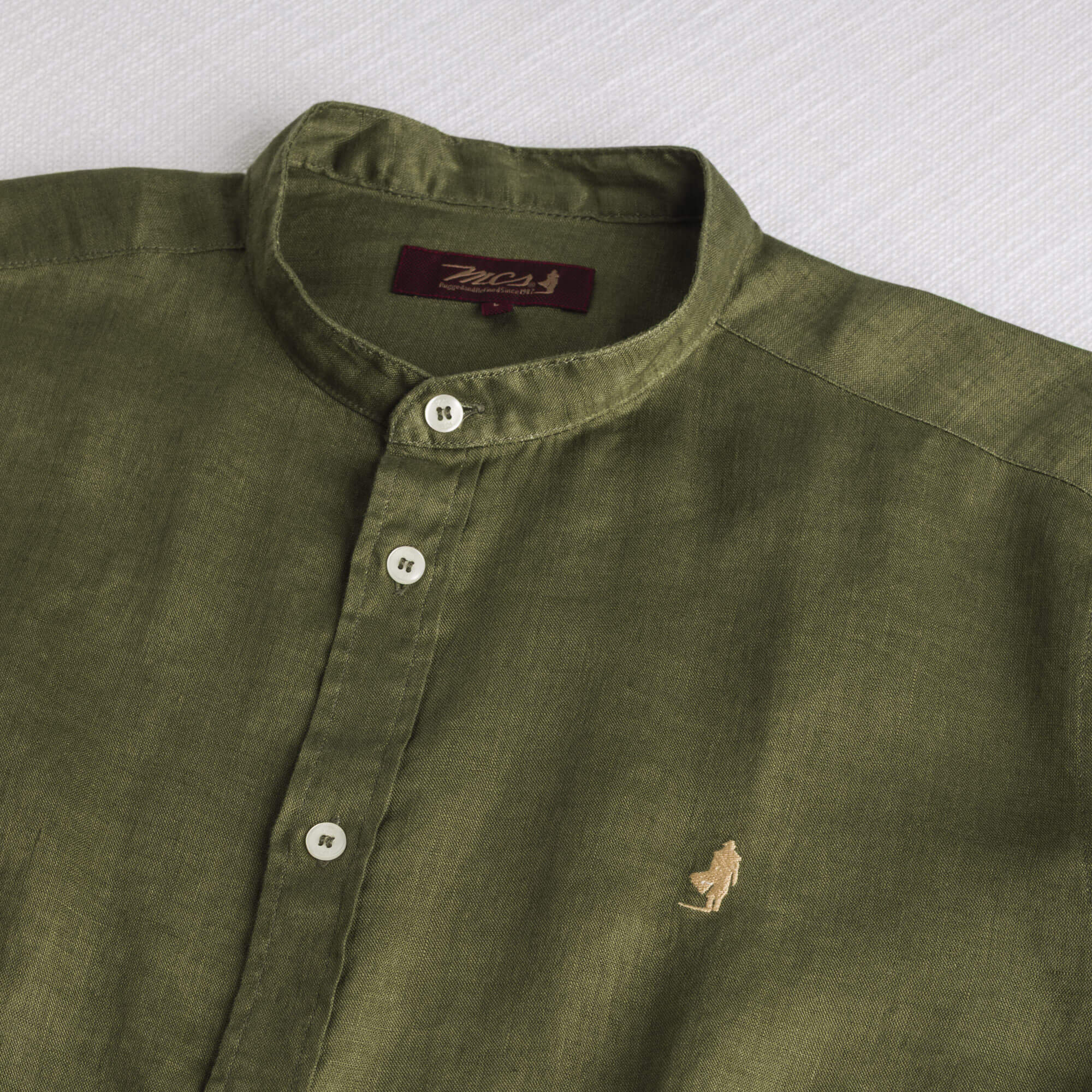 Camicia 100% lino con collo alla coreana - Dark Olive - Image 3
