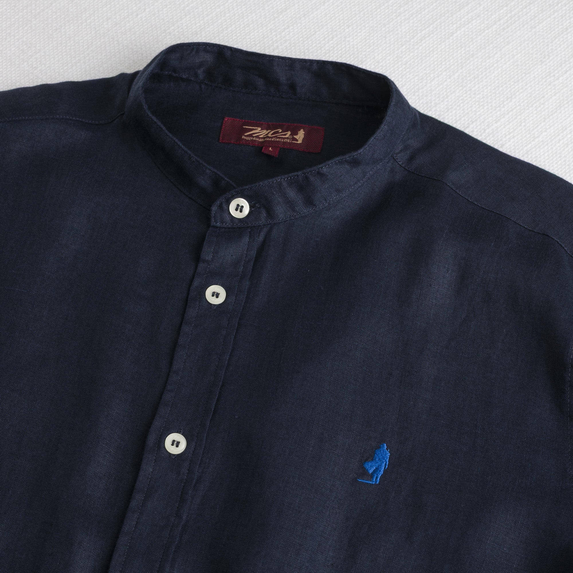 Camicia 100% lino con collo alla coreana - Navy Blue - Image 3