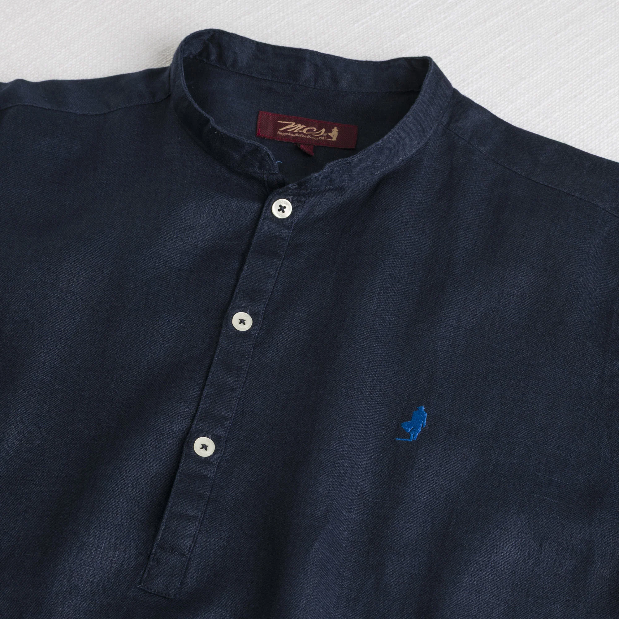Camicia 100% lino serafino con collo coreana - Navy Blue - Image 3