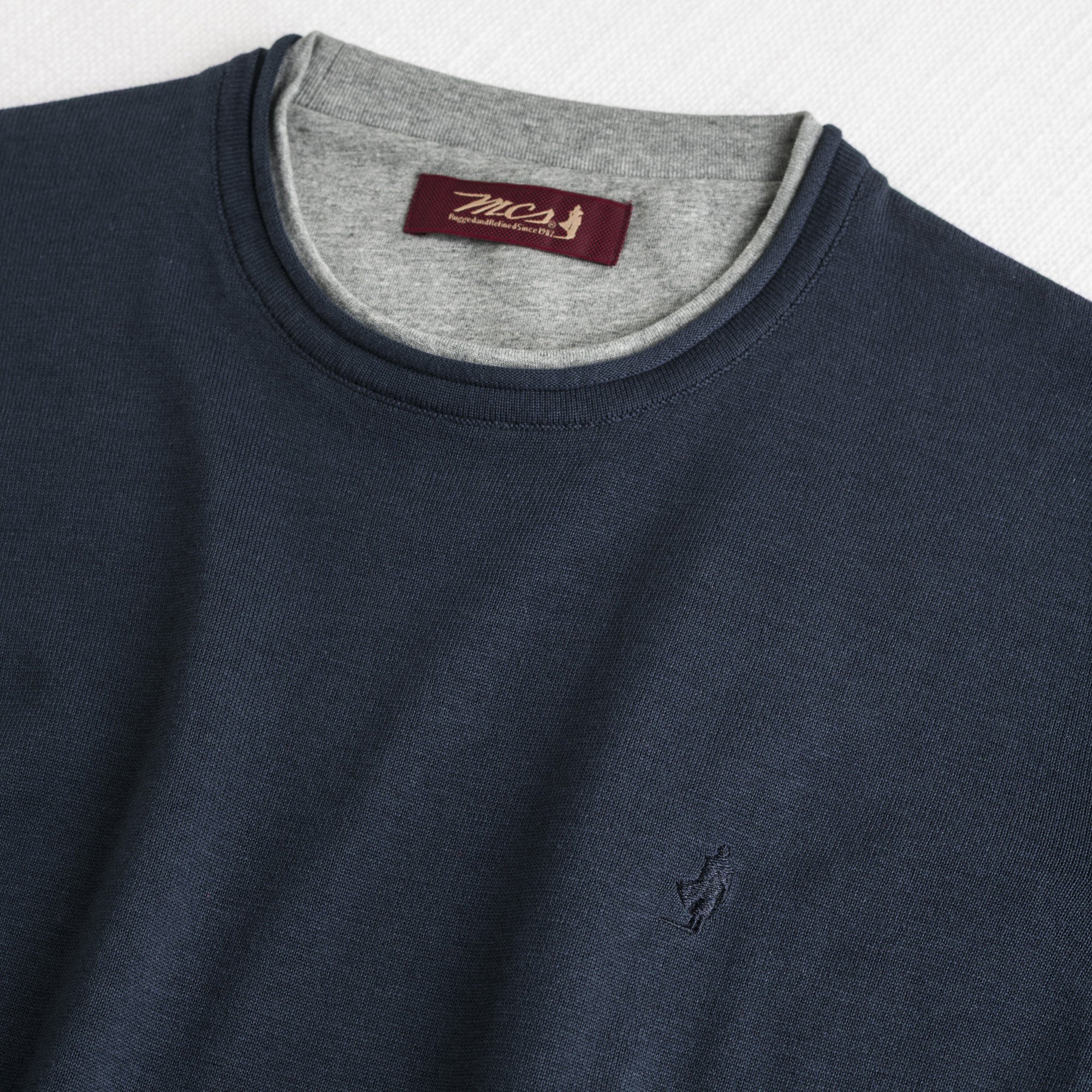 Maglia 100% cotone girocollo con dettagli in jersey - Navy Blue - Image 3