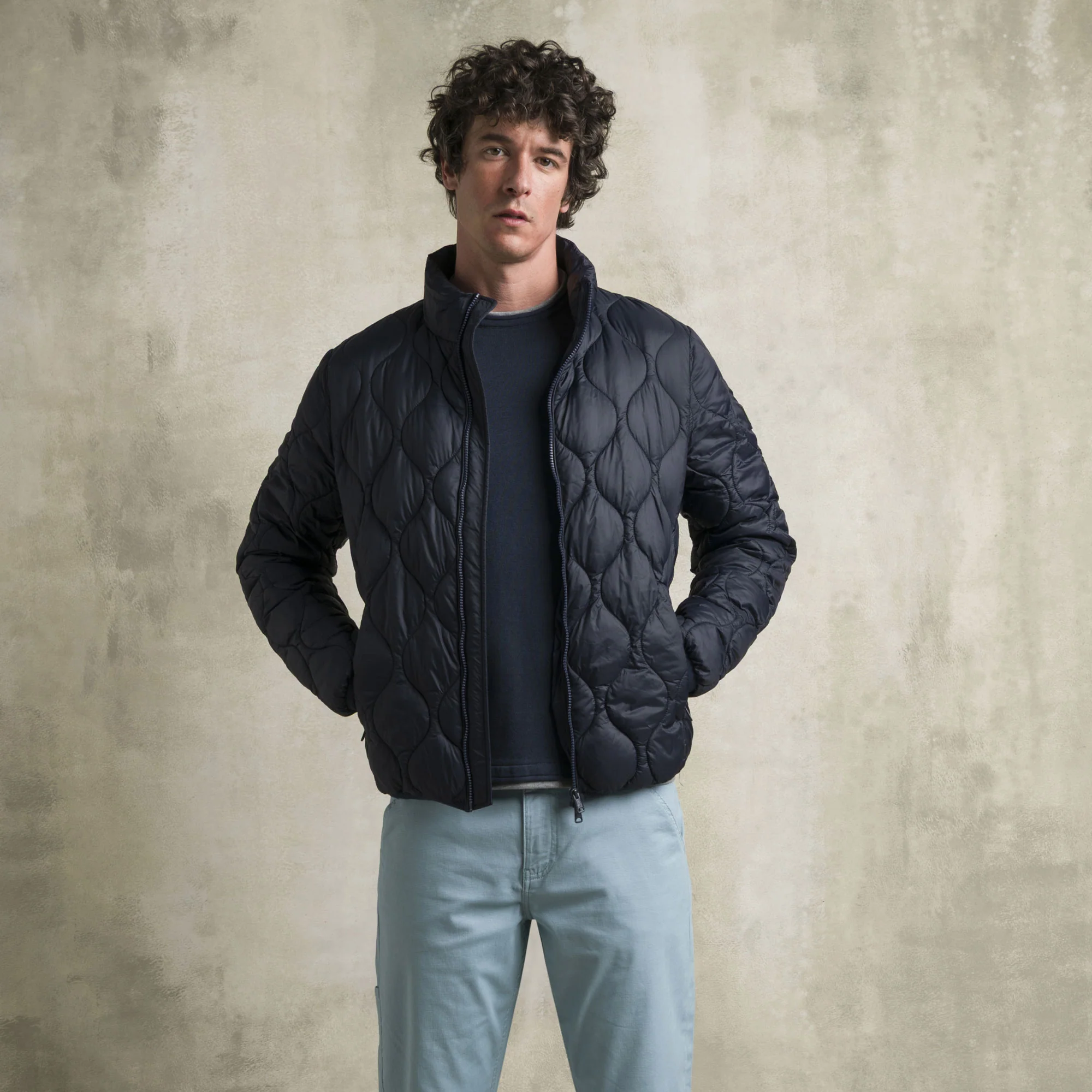 Maglia 100% cotone girocollo con dettagli in jersey - Navy Blue - Image 5