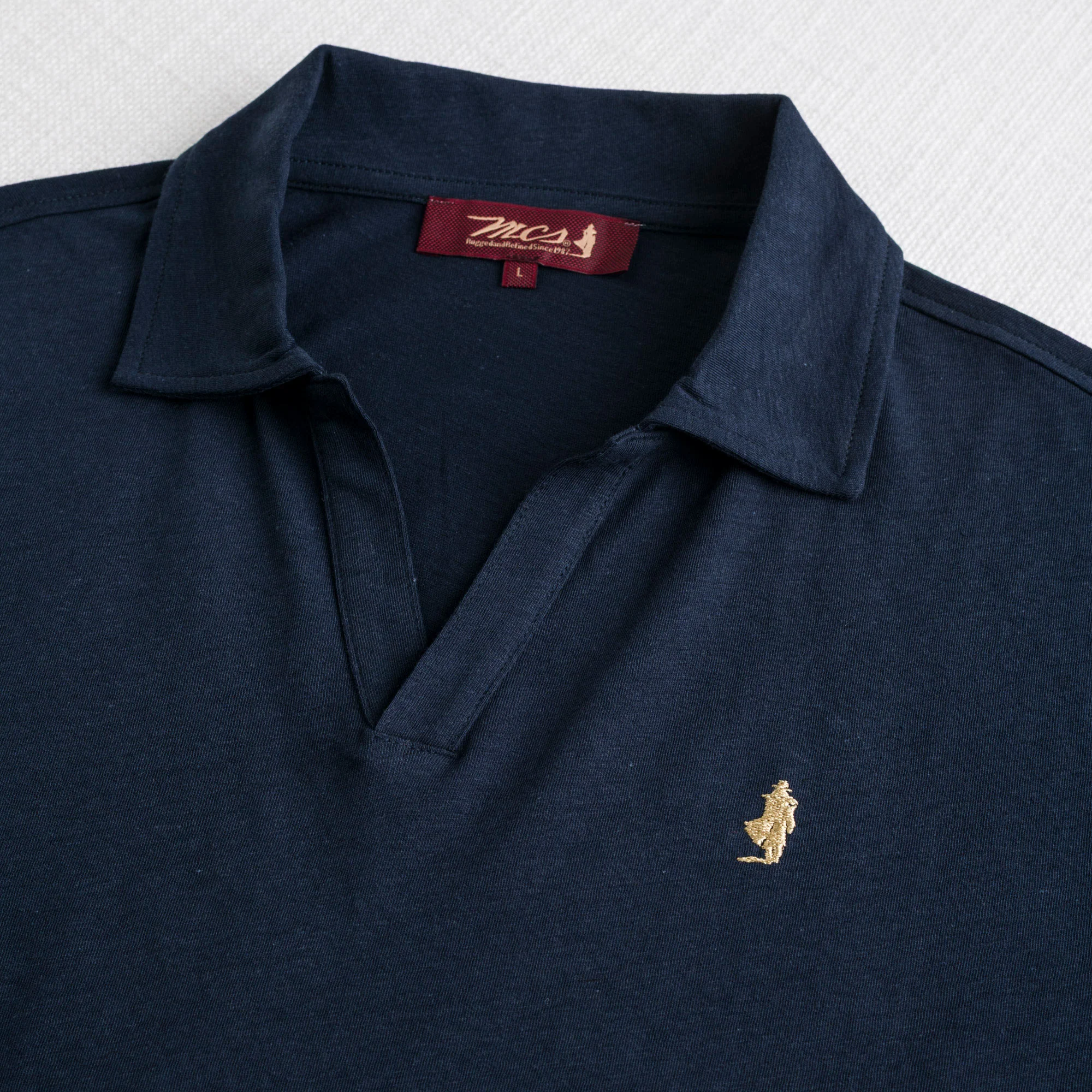 Polo misto cotone e lino jersey con scollo a V - Navy Blue - Image 3